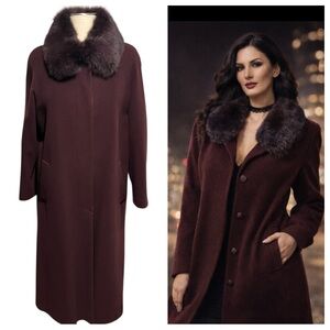 Fox Fur Lambswool Trench Coat Luxury Long Longline Eggplant Wine 16 LIKE NEW